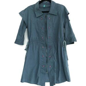 Uhma Steel Blue Small Cotton Collar 3/4 Tab Sleeve Full Front Zip Buttons Dress